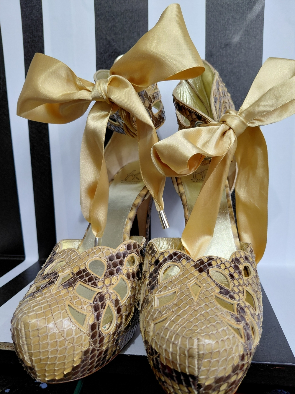 Satin-Tie Gold Snakeskin Heels for Women